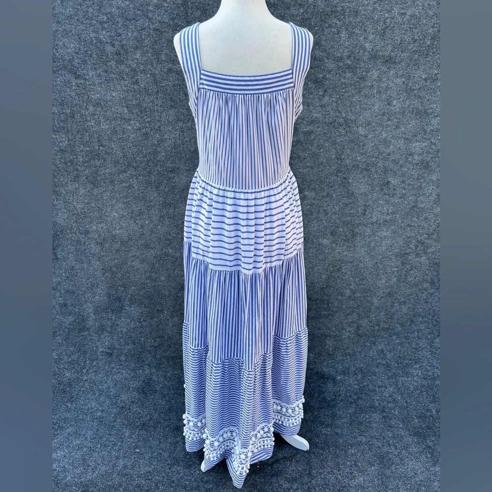 CK Bradley Blue White Striped Tiered Maxi Dress
Pockets Pompoms Medium flaw - Picture 15 of 15